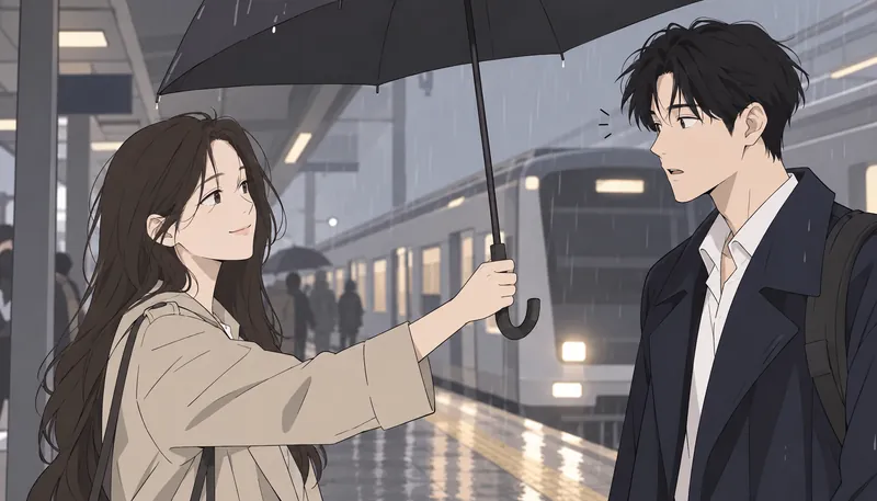 Manhwa style: A rainy-night train platform, a girl hands an umbrella to a boy