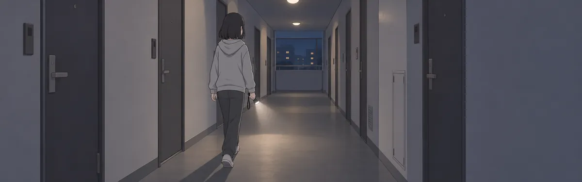 Anime style: A girl walking down an apartment hallway at night with a flashlight