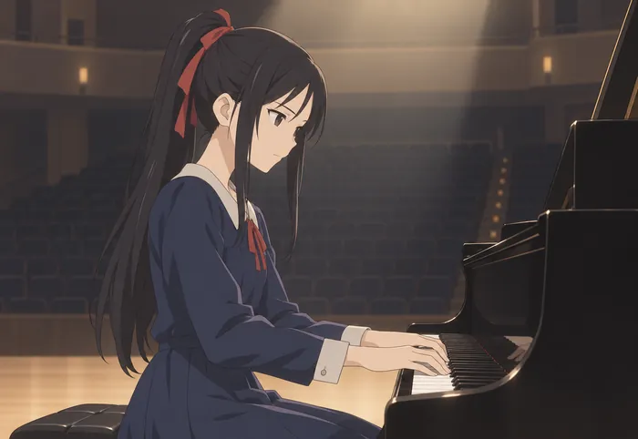 Anime style: A girl in a blue dress plays piano on an auditorium stage