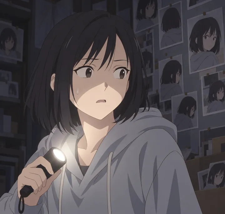 Anime style: A girl holding a flashlight discovers a hidden room behind a wardrobe, with walls covered in photos of herself