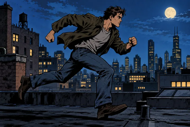 American comics style: A young man sprints across city rooftops at night
