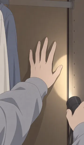 Manga panel: her hand pressed against the closet board