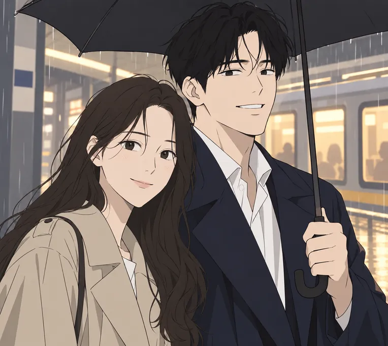 Manhwa panel: a woman in a black gown descends the stairs while her ex looks up