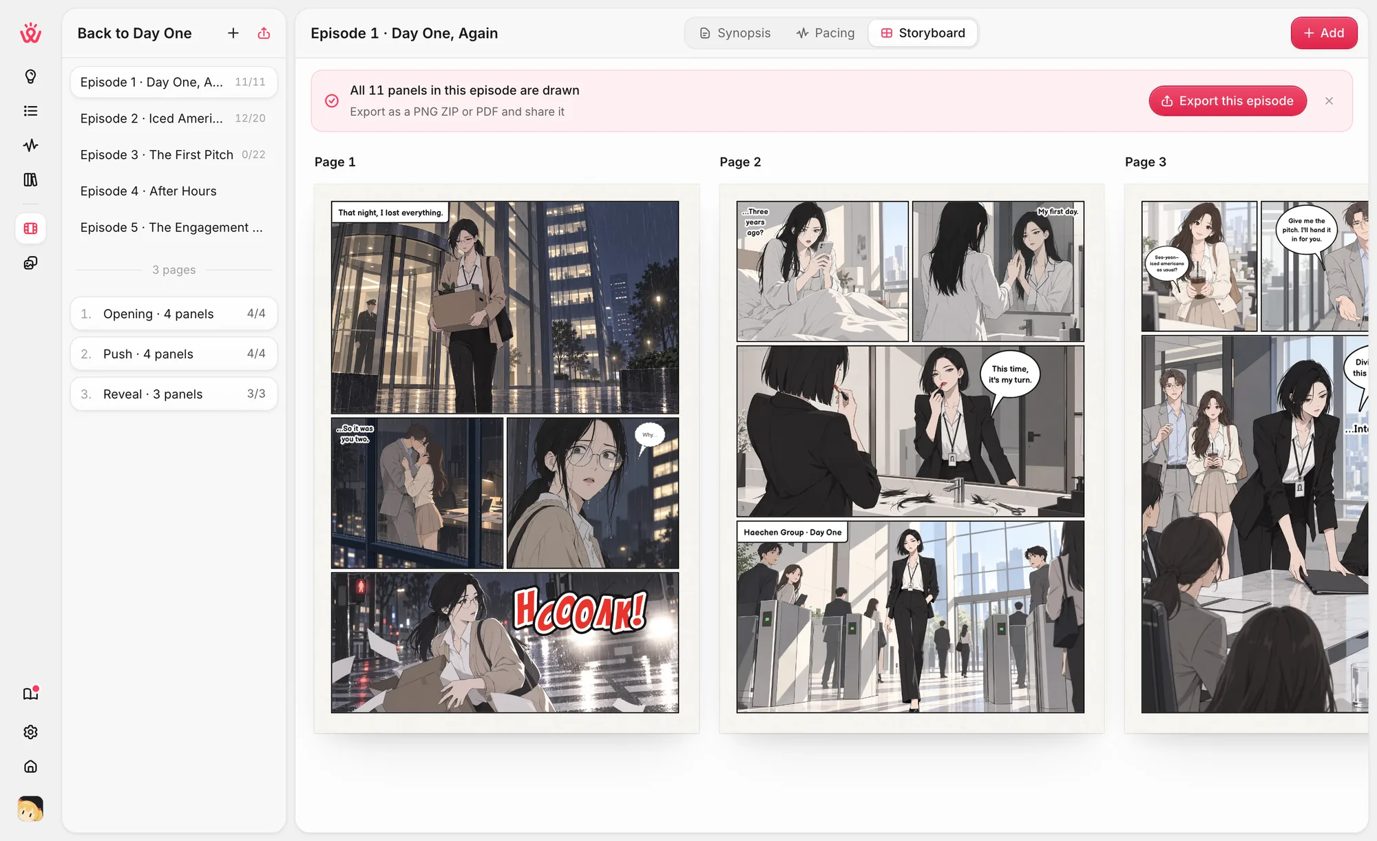 The storyboard in Wapopo production: a comic split into pages and drawn panel by panel
