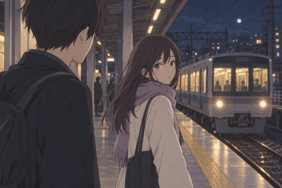 Sample panel in the Wapopo anime style: a girl turning back on a station platform at night as a train pulls in